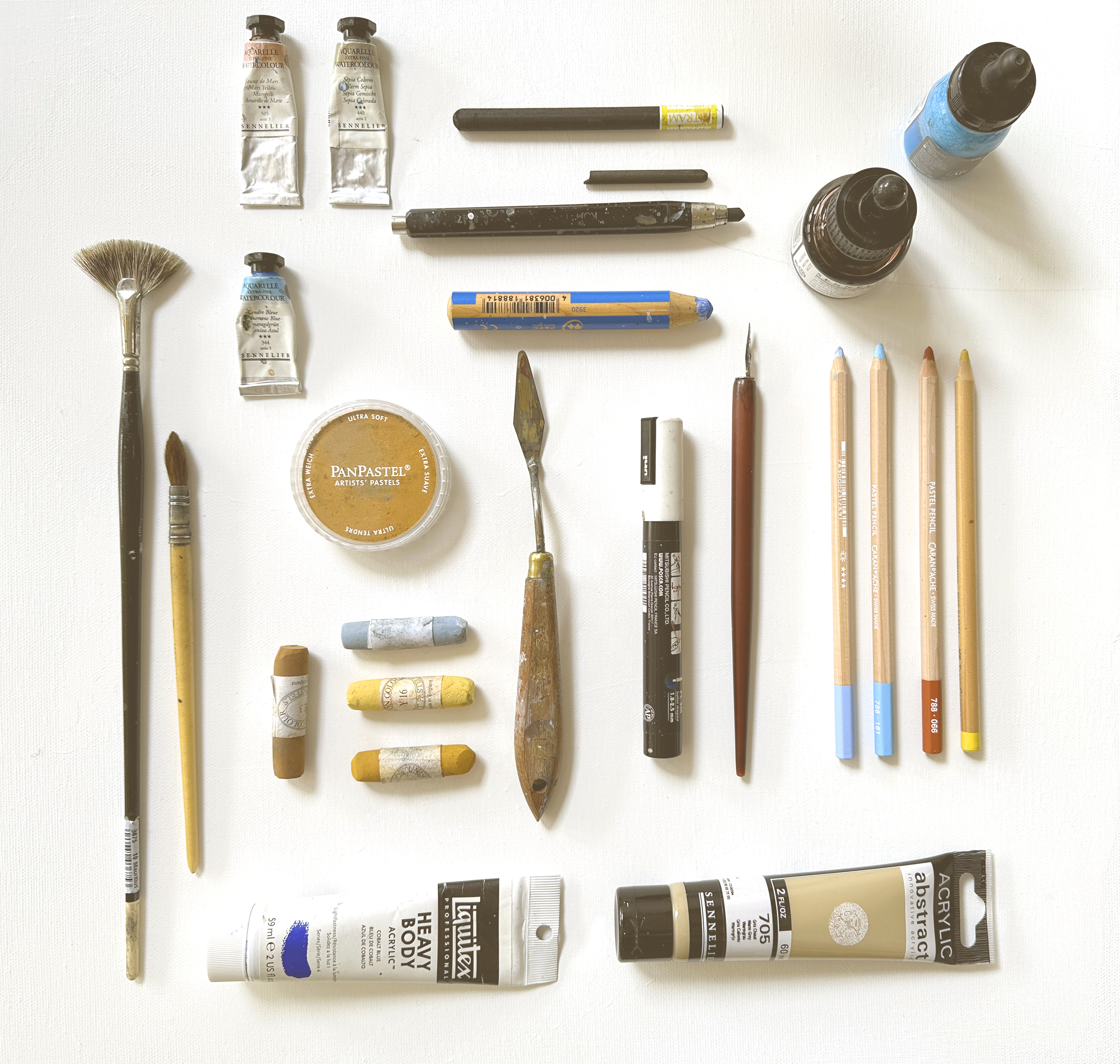 materials for artists, watercolors, pastels, chalks, inks, pencils, acrylics, brushes