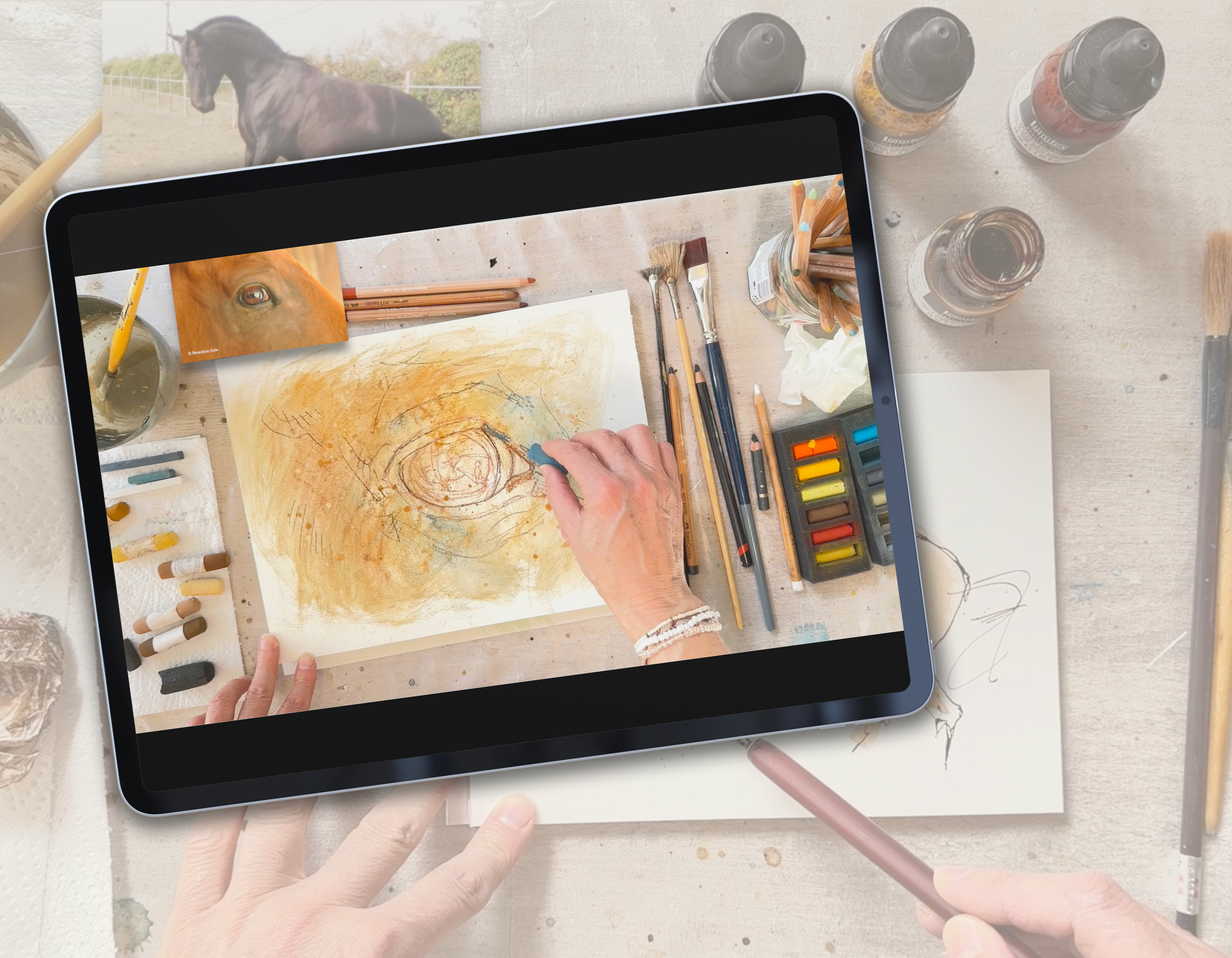 A demo of a painting of a horse eye in pastels